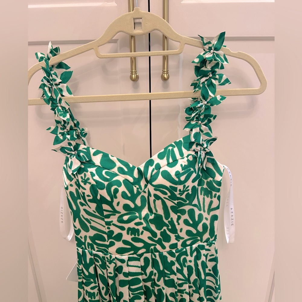 NWT 🌟 Azazie Maggy Green abstract Leaf Print Midi Dress - Picture 11 of 13